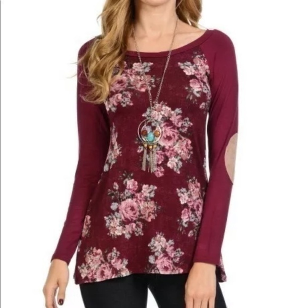 Floral Print Elbow Patch Long Sleeve Raglan Top - Picture 5 of 9